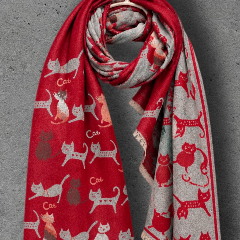 Silver Grey & Red Cat Print Reversible Winter Scarf, Patterned Shoulder Wrap for Women, Ultra Soft Warm Shawl, Ideal Gifts for Her