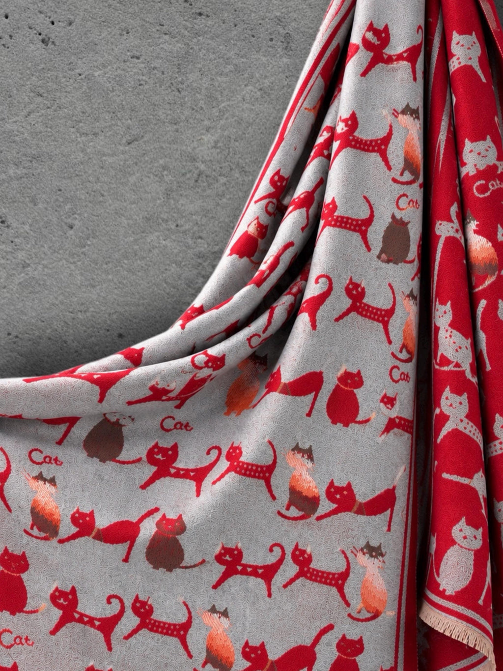 Silver Grey & Red Cat Print Reversible Winter Scarf, Patterned Shoulder Wrap for Women, Ultra Soft Warm Shawl, Ideal Gifts for Her