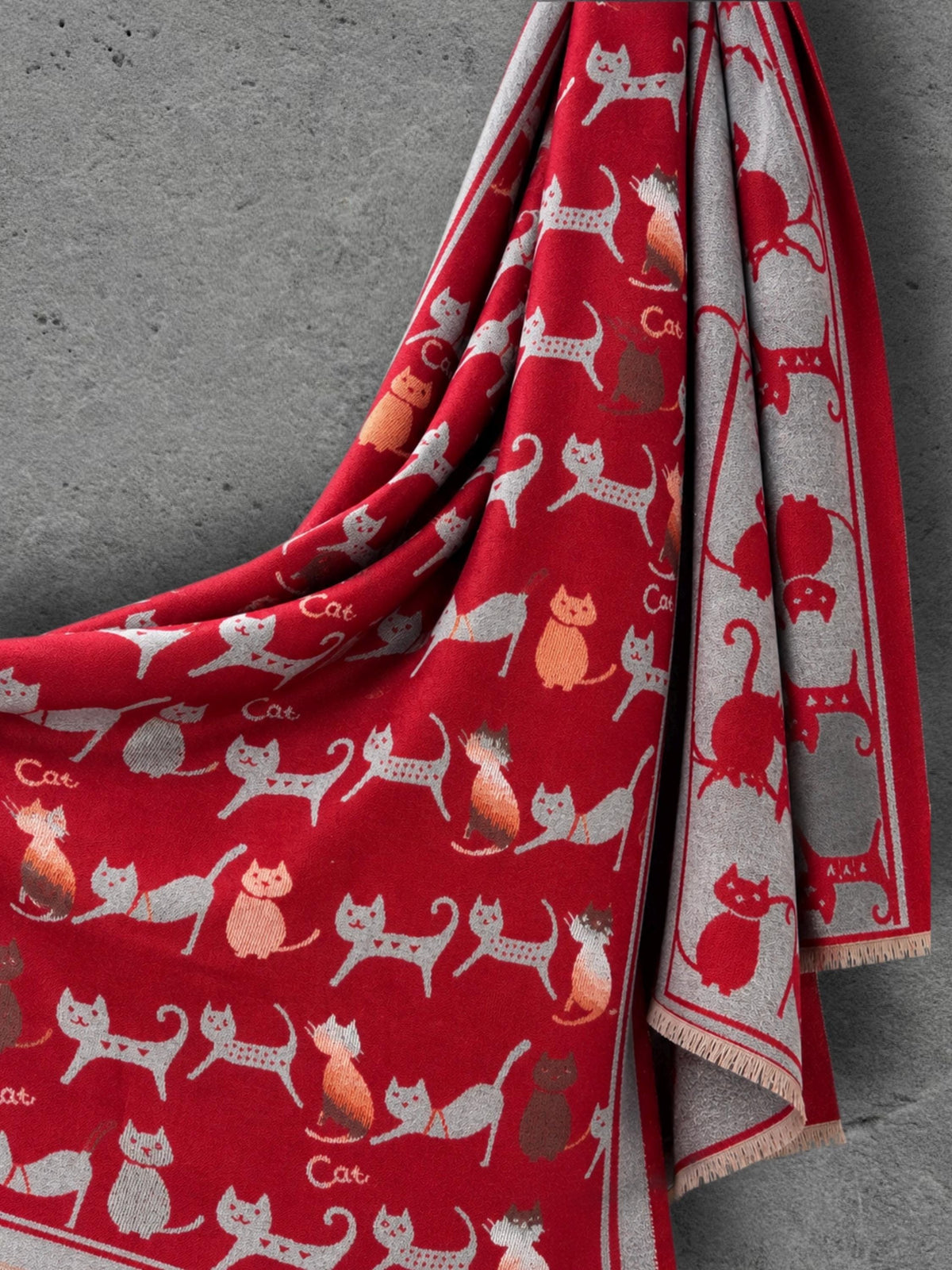 Silver Grey & Red Cat Print Reversible Winter Scarf, Patterned Shoulder Wrap for Women, Ultra Soft Warm Shawl, Ideal Gifts for Her