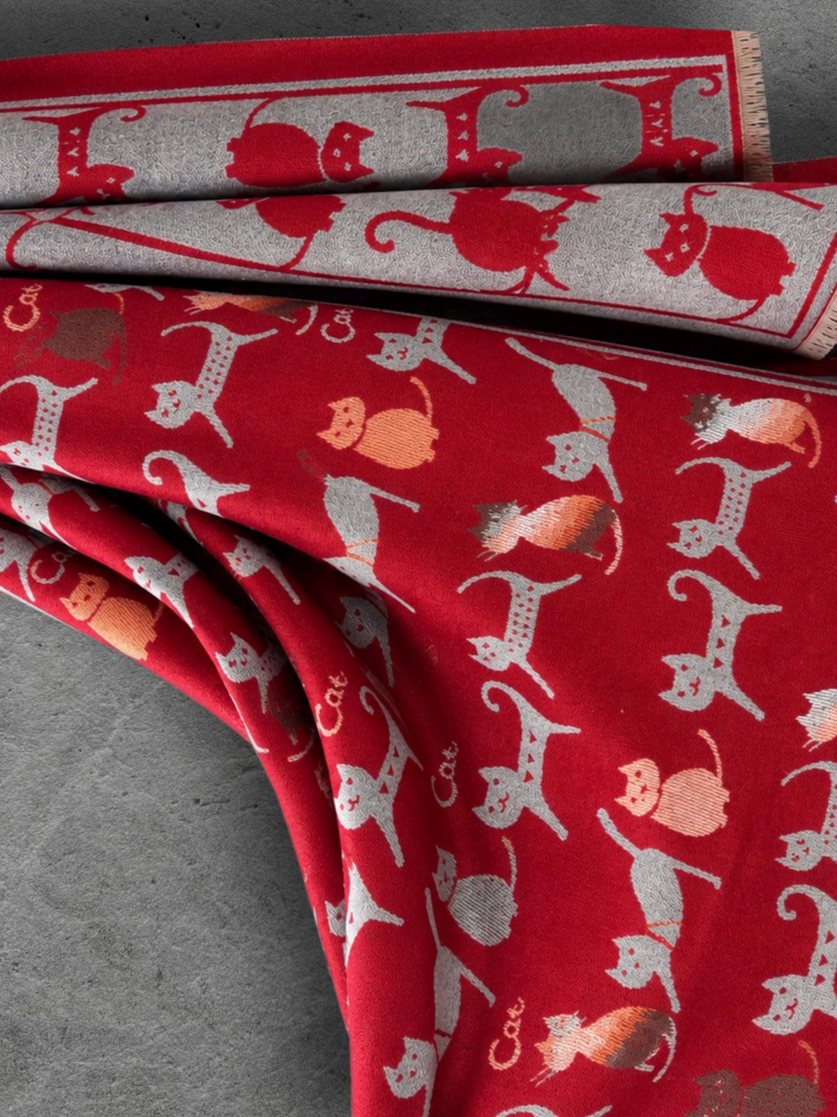 Silver Grey & Red Cat Print Reversible Winter Scarf, Patterned Shoulder Wrap for Women, Ultra Soft Warm Shawl, Ideal Gifts for Her