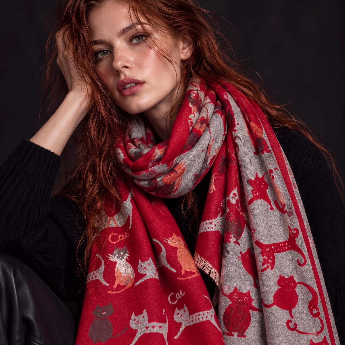 Silver Grey & Red Cat Print Reversible Winter Scarf, Patterned Shoulder Wrap for Women, Ultra Soft Warm Shawl, Ideal Gifts for Her