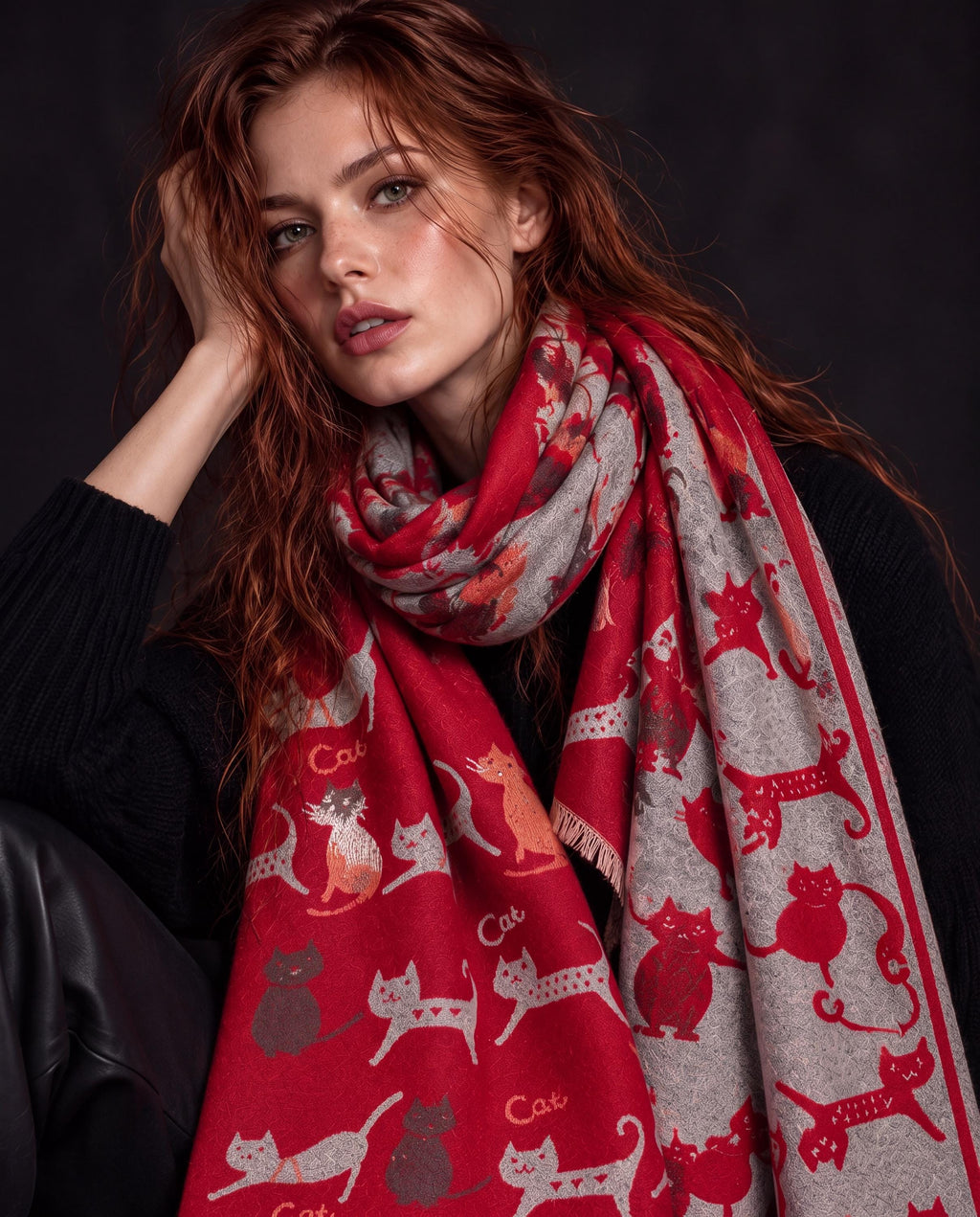 Silver Grey & Red Cat Print Reversible Winter Scarf, Patterned Shoulder Wrap for Women, Ultra Soft Warm Shawl, Ideal Gifts for Her