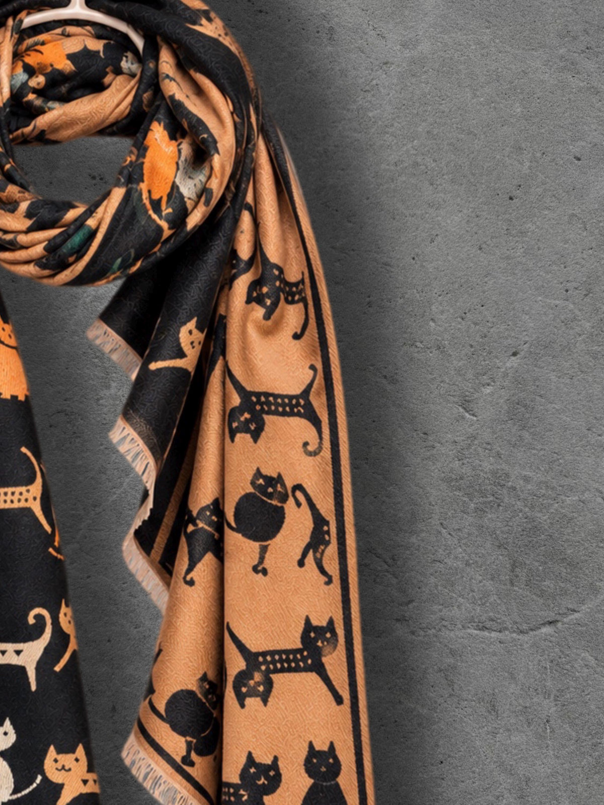 Black & Camel Brown Cats Pattern Reversible Winter Scarf, Animal Print Wrap, Ultra Soft Shawl for Women, Cozy Gifts for Her