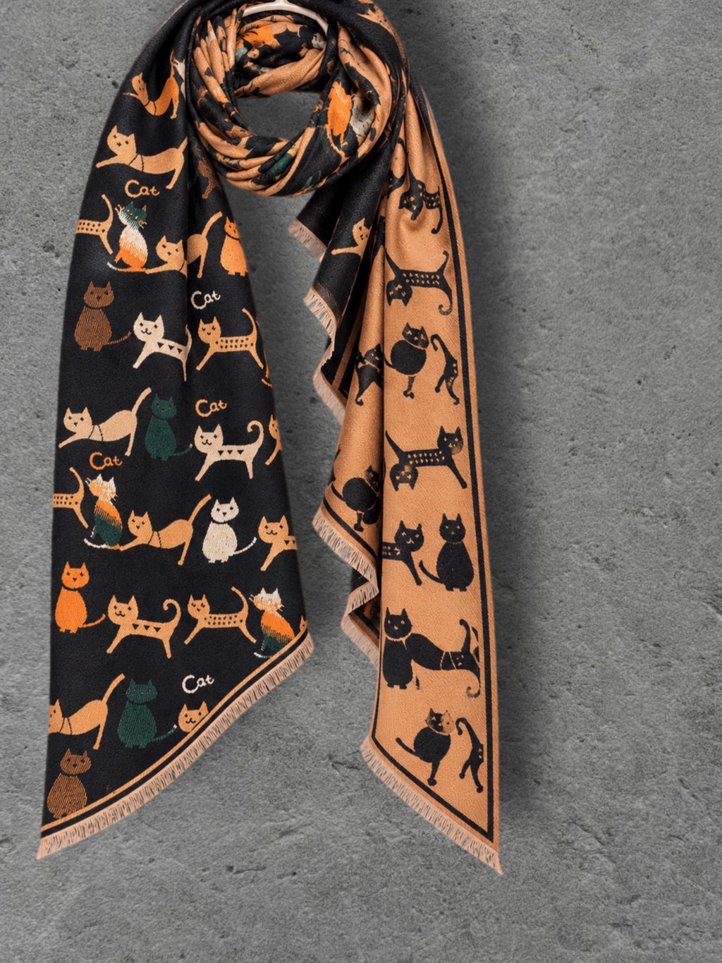 Black & Camel Brown Cats Pattern Reversible Winter Scarf, Animal Print Wrap, Ultra Soft Shawl for Women, Cozy Gifts for Her