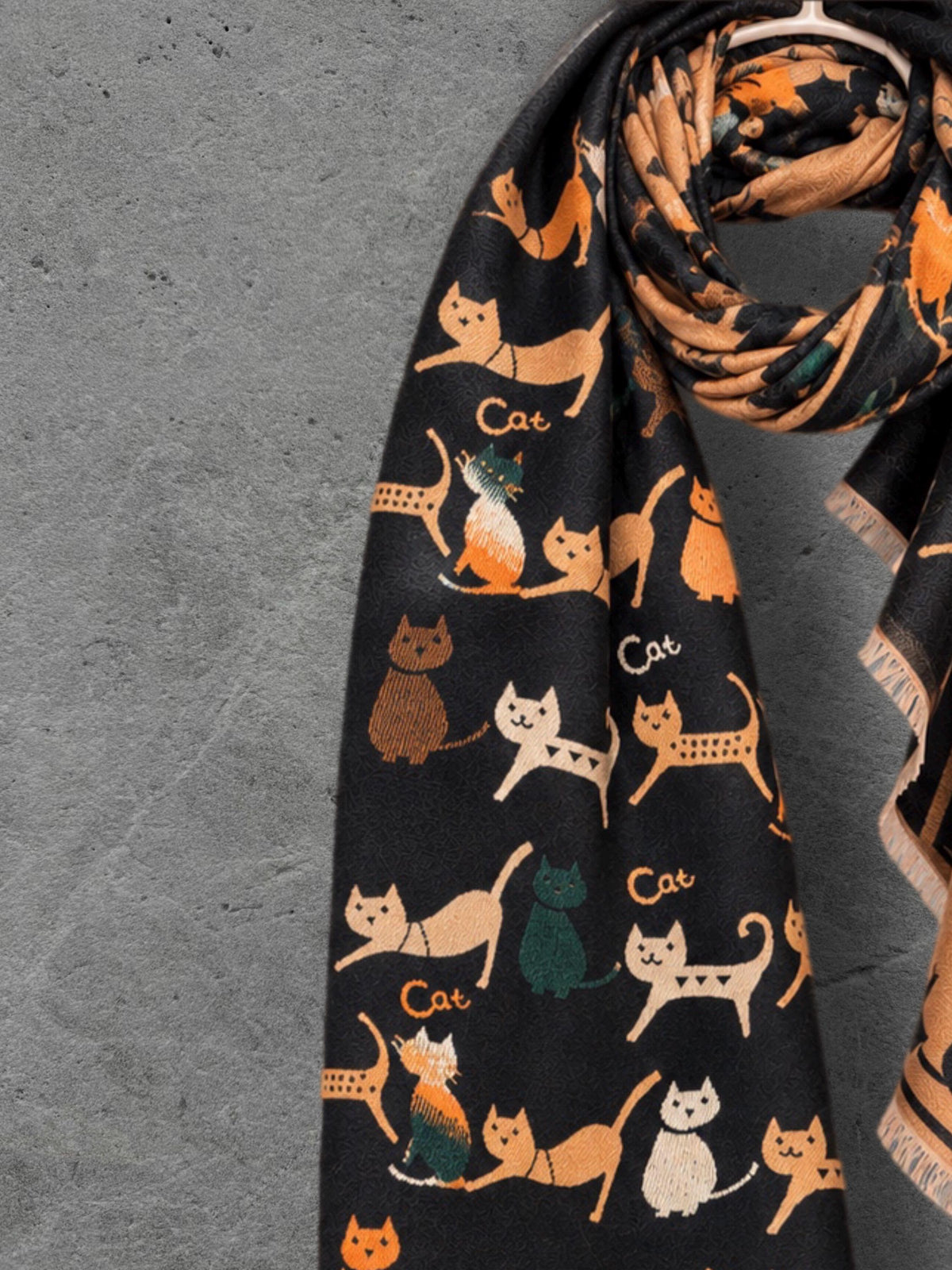 Black & Camel Brown Cats Pattern Reversible Winter Scarf, Animal Print Wrap, Ultra Soft Shawl for Women, Cozy Gifts for Her
