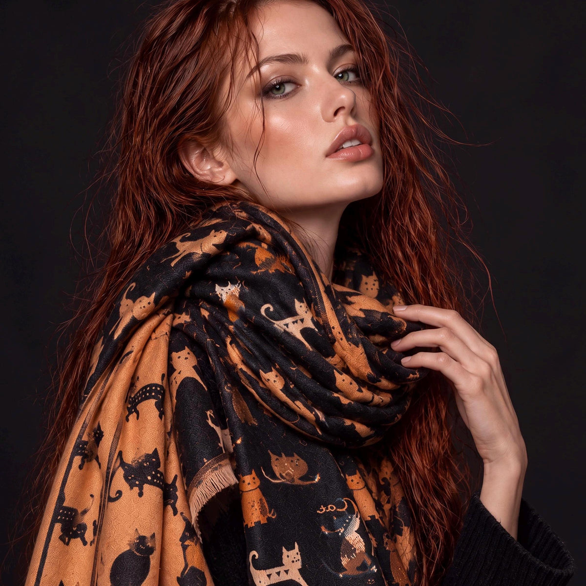 Black & Camel Brown Cats Pattern Reversible Winter Scarf, Animal Print Wrap, Ultra Soft Shawl for Women, Cozy Gifts for Her