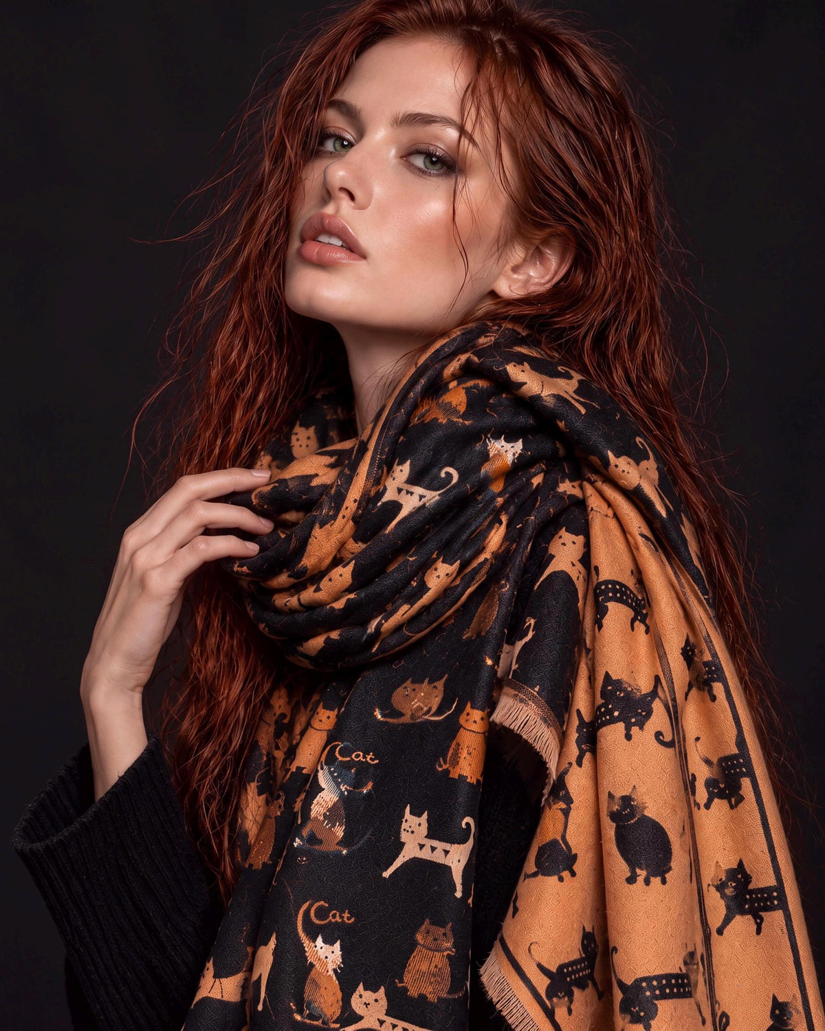 Black & Camel Brown Cats Pattern Reversible Winter Scarf, Animal Print Wrap, Ultra Soft Shawl for Women, Cozy Gifts for Her