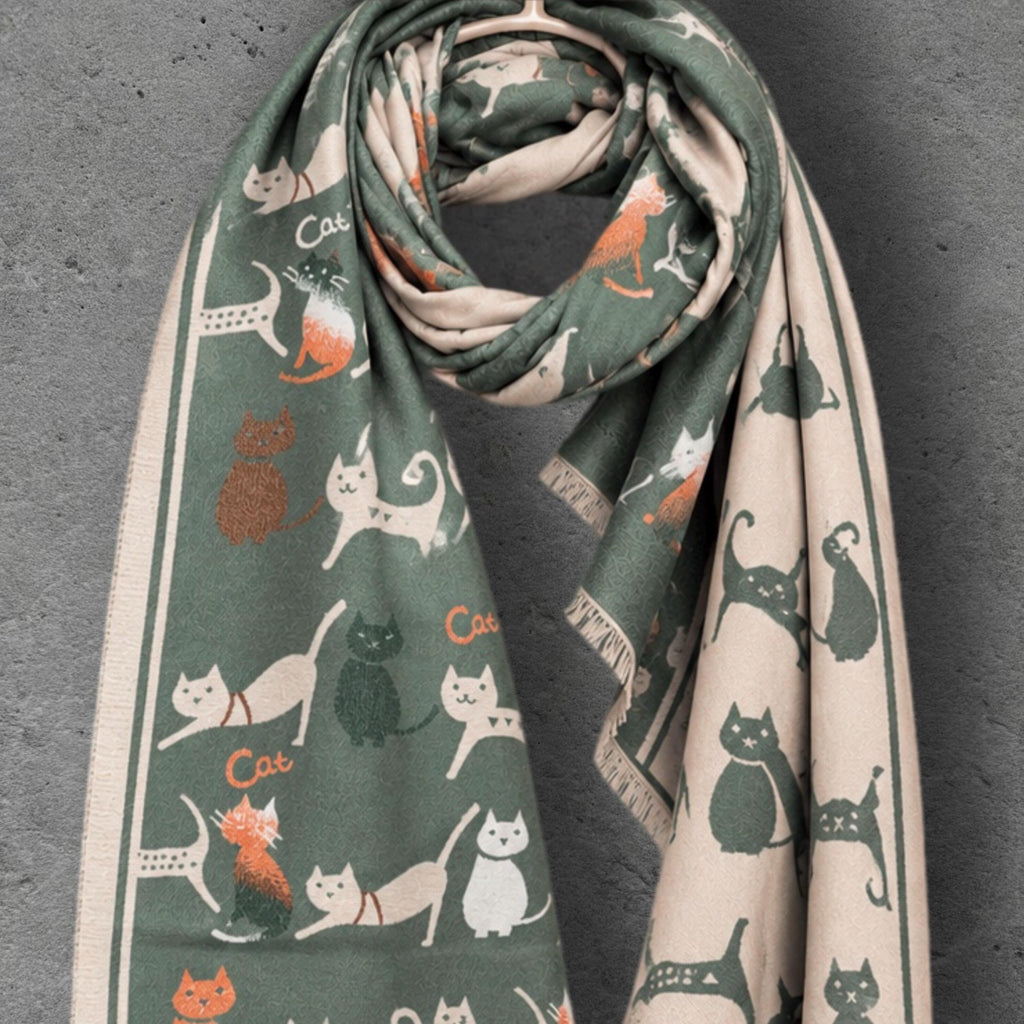 Sage Green & Beige Cat Print Reversible Winter Scarf, Long Double Sided Wrap, Ultra Soft Women Shawl, Thoughtful Gifts for Her