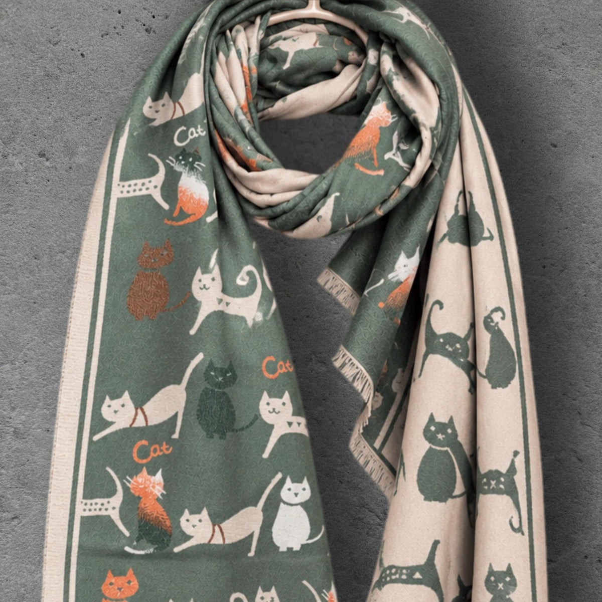 Sage Green & Beige Cat Print Reversible Winter Scarf, Long Double Sided Wrap, Ultra Soft Women Shawl, Thoughtful Gifts for Her