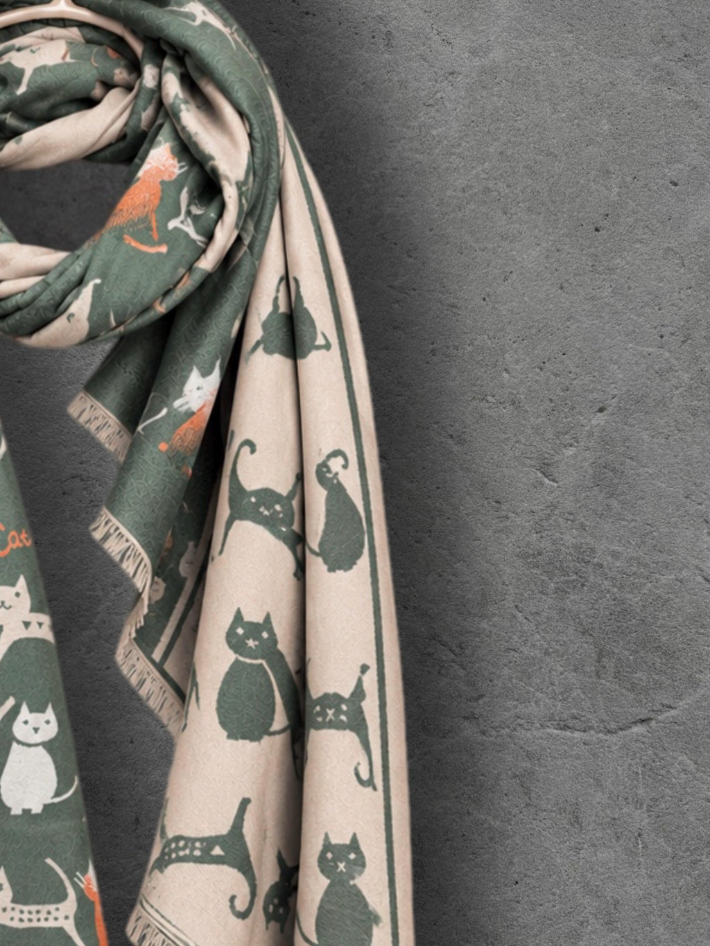 Sage Green & Beige Cat Print Reversible Winter Scarf, Long Double Sided Wrap, Ultra Soft Women Shawl, Thoughtful Gifts for Her