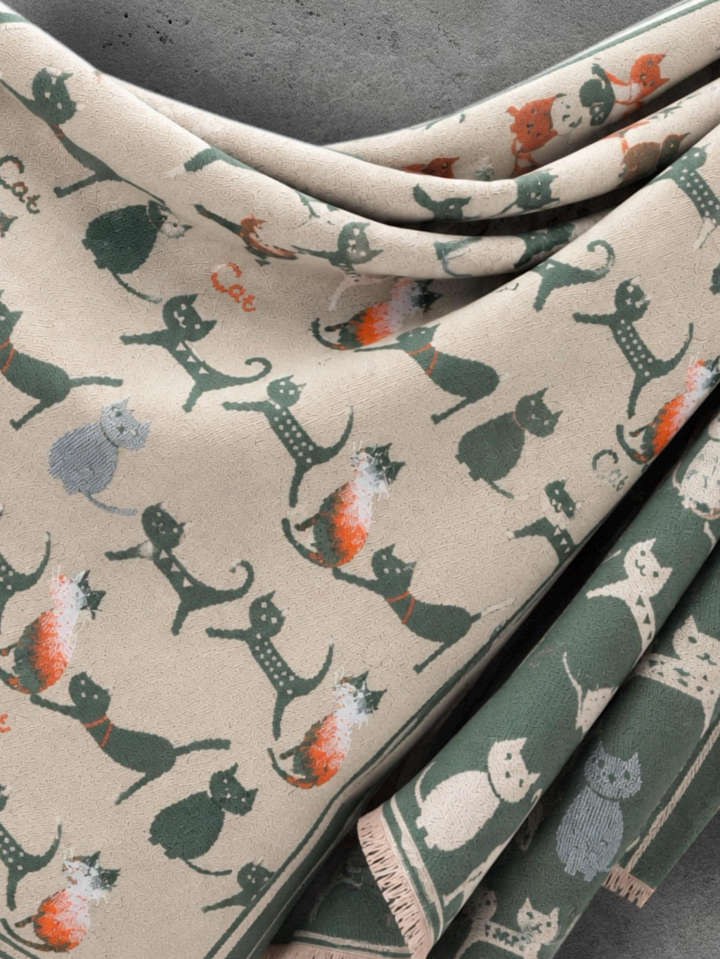 Sage Green & Beige Cat Print Reversible Winter Scarf, Long Double Sided Wrap, Ultra Soft Women Shawl, Thoughtful Gifts for Her