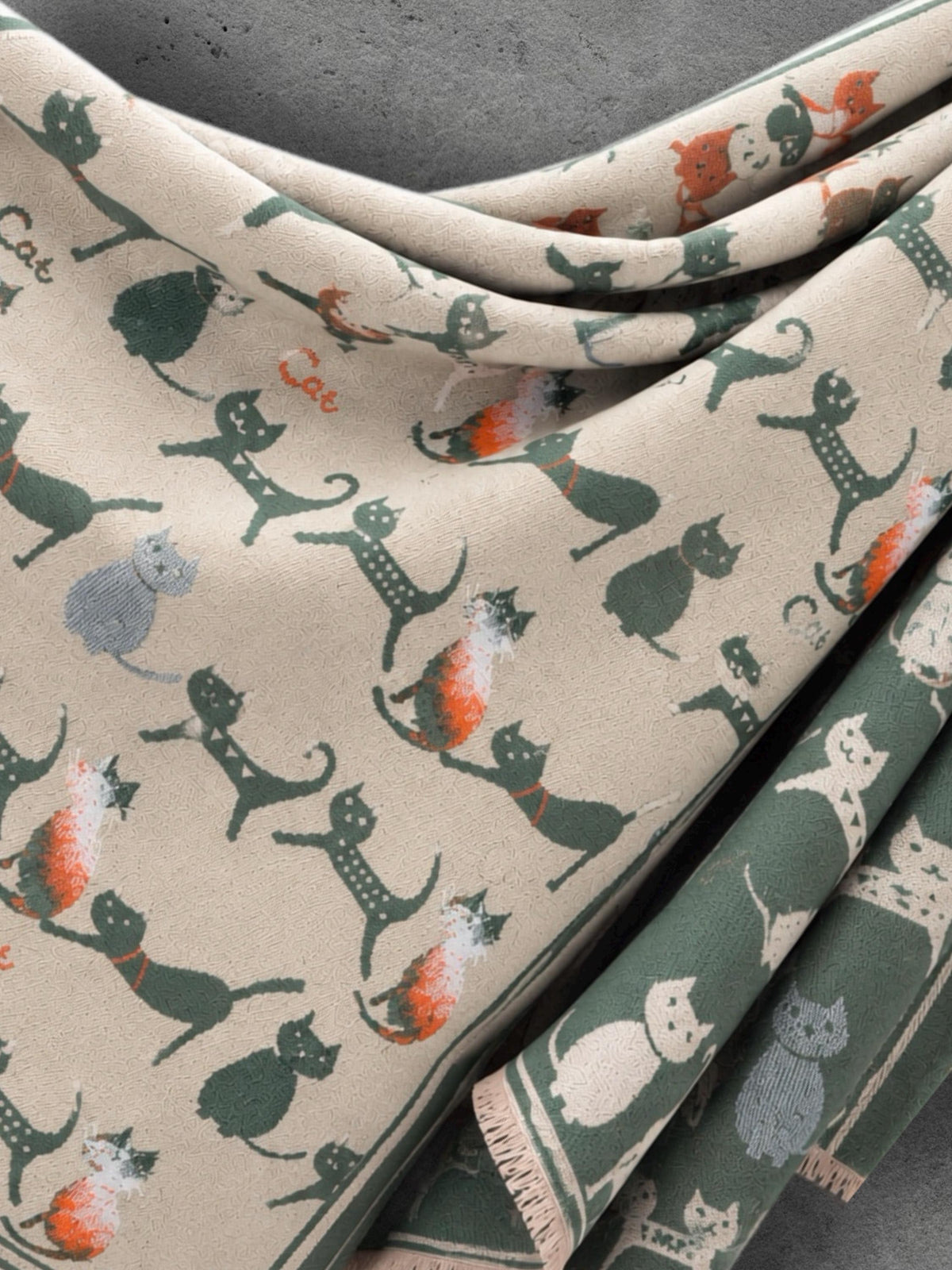 Sage Green & Beige Cat Print Reversible Winter Scarf, Long Double Sided Wrap, Ultra Soft Women Shawl, Thoughtful Gifts for Her