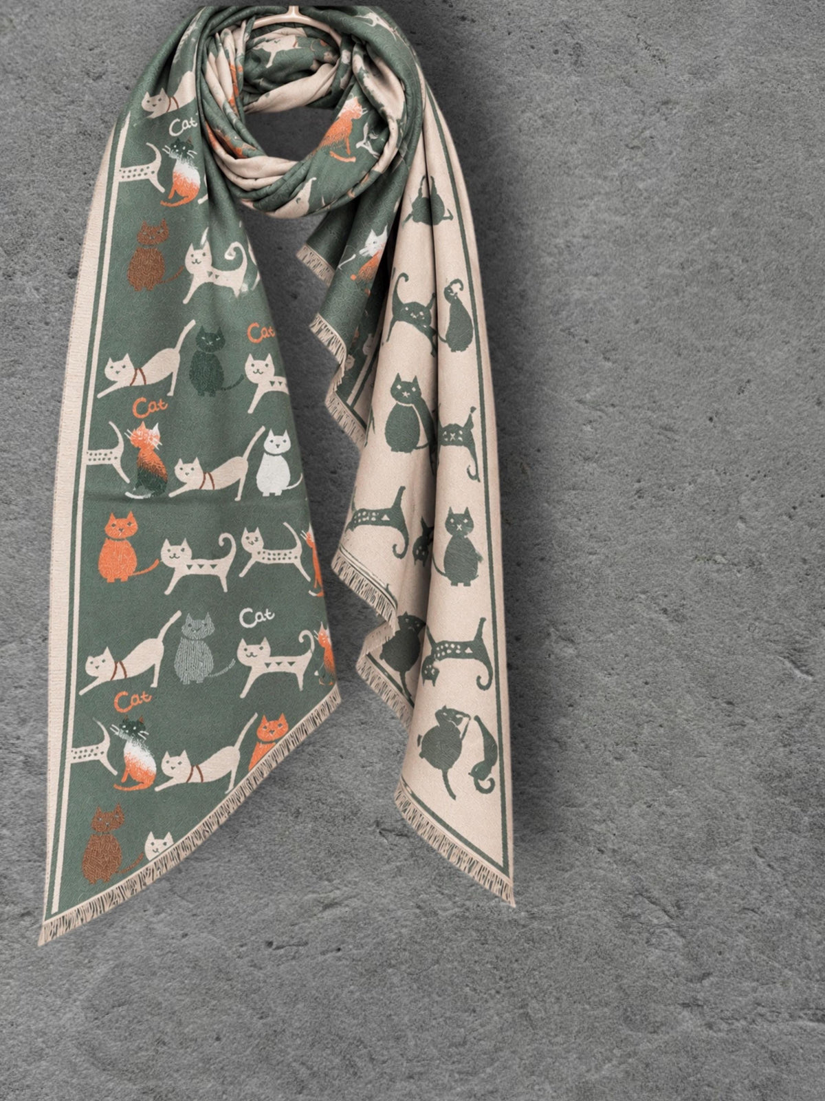 Sage Green & Beige Cat Print Reversible Winter Scarf, Long Double Sided Wrap, Ultra Soft Women Shawl, Thoughtful Gifts for Her