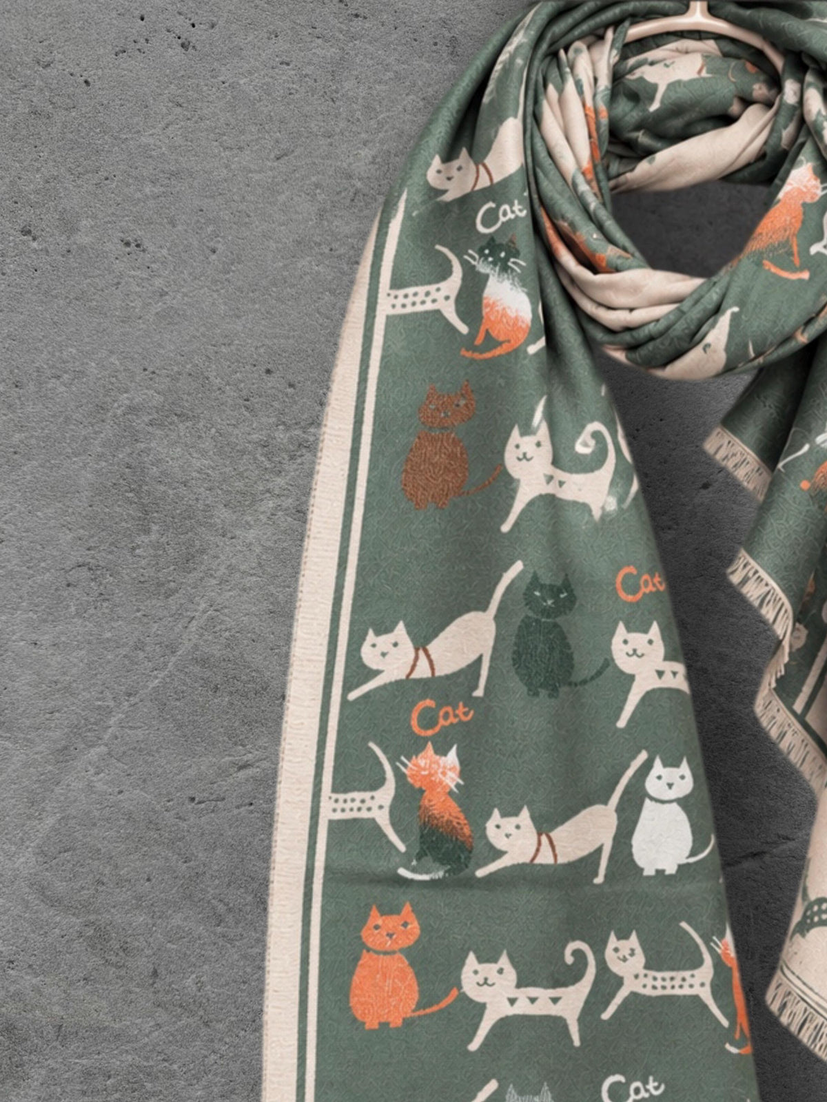 Sage Green & Beige Cat Print Reversible Winter Scarf, Long Double Sided Wrap, Ultra Soft Women Shawl, Thoughtful Gifts for Her