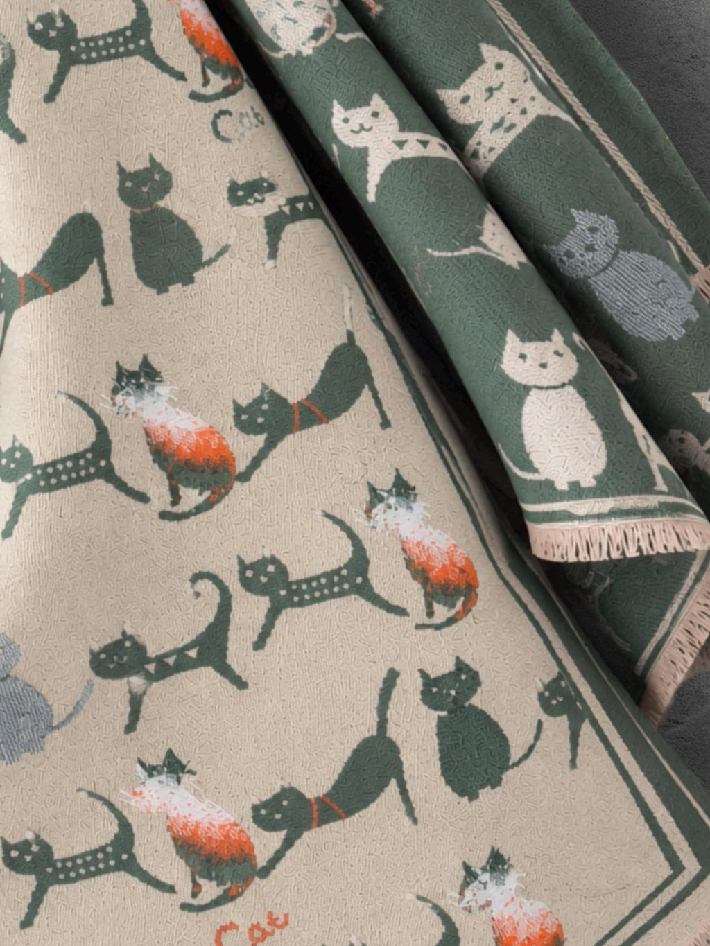 Sage Green & Beige Cat Print Reversible Winter Scarf, Long Double Sided Wrap, Ultra Soft Women Shawl, Thoughtful Gifts for Her