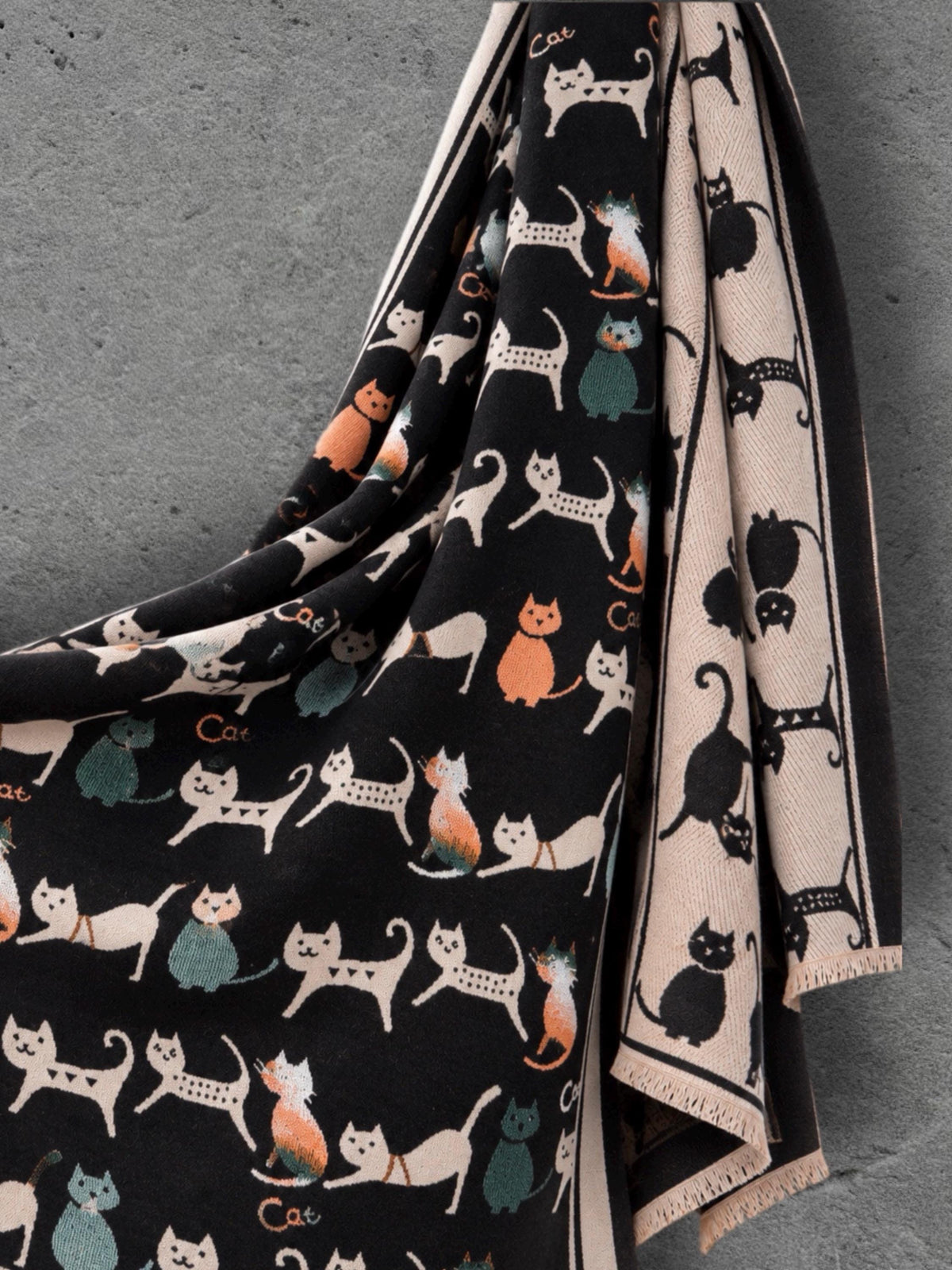 Black & Beige Cat Pattern Double-sided Winter Scarf, Contrasting Shoulder Wrap, Warm Women Shawl, Playful Gifts for Her