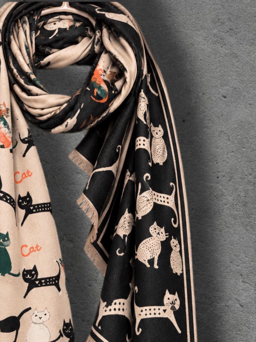 Black & Beige Cat Pattern Double-sided Winter Scarf, Contrasting Shoulder Wrap, Warm Women Shawl, Playful Gifts for Her