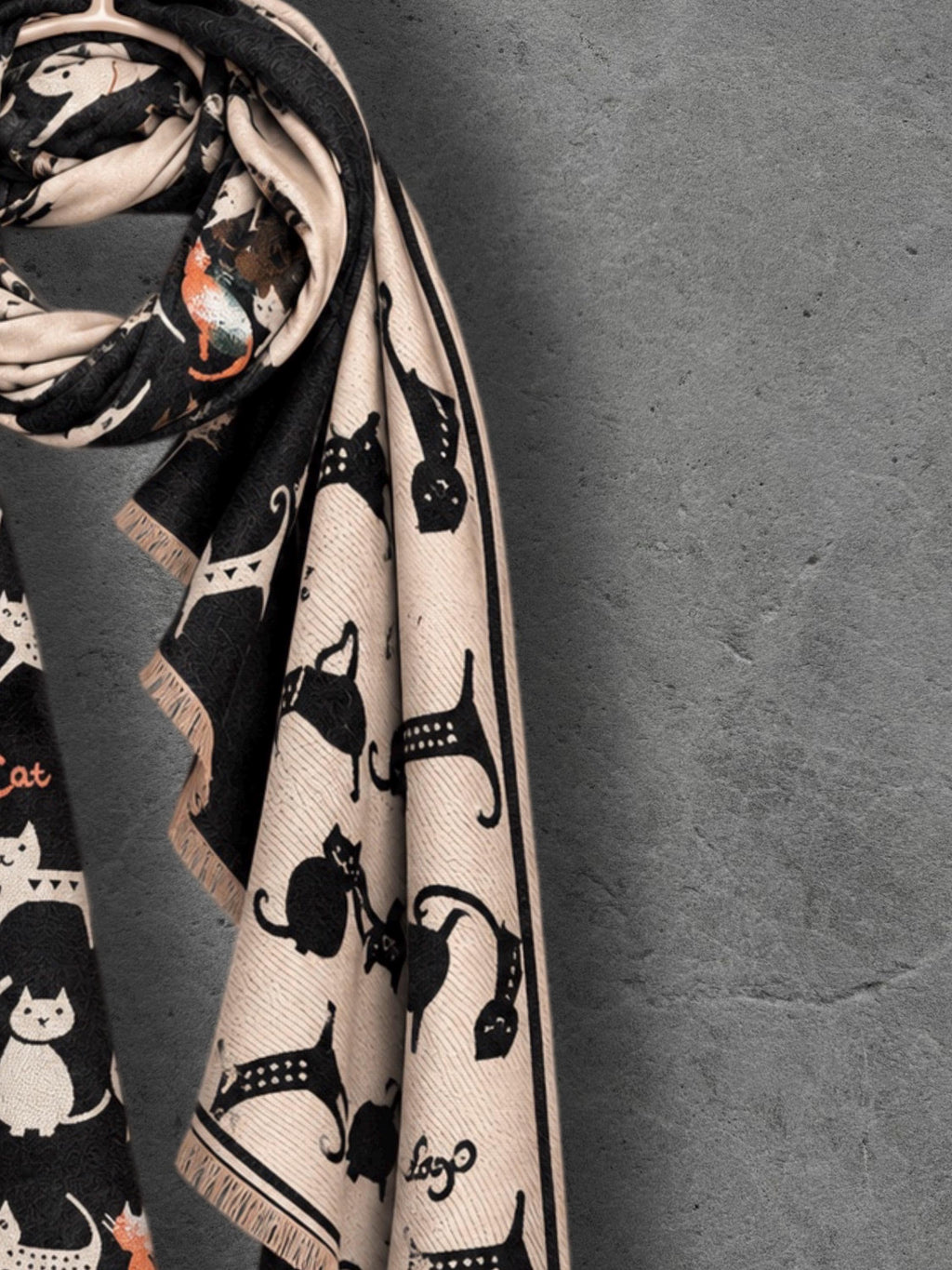 Black & Beige Cat Pattern Double-sided Winter Scarf, Contrasting Shoulder Wrap, Warm Women Shawl, Playful Gifts for Her