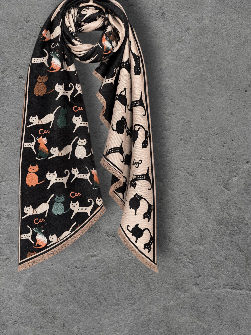 Black & Beige Cat Pattern Double-sided Winter Scarf, Contrasting Shoulder Wrap, Warm Women Shawl, Playful Gifts for Her