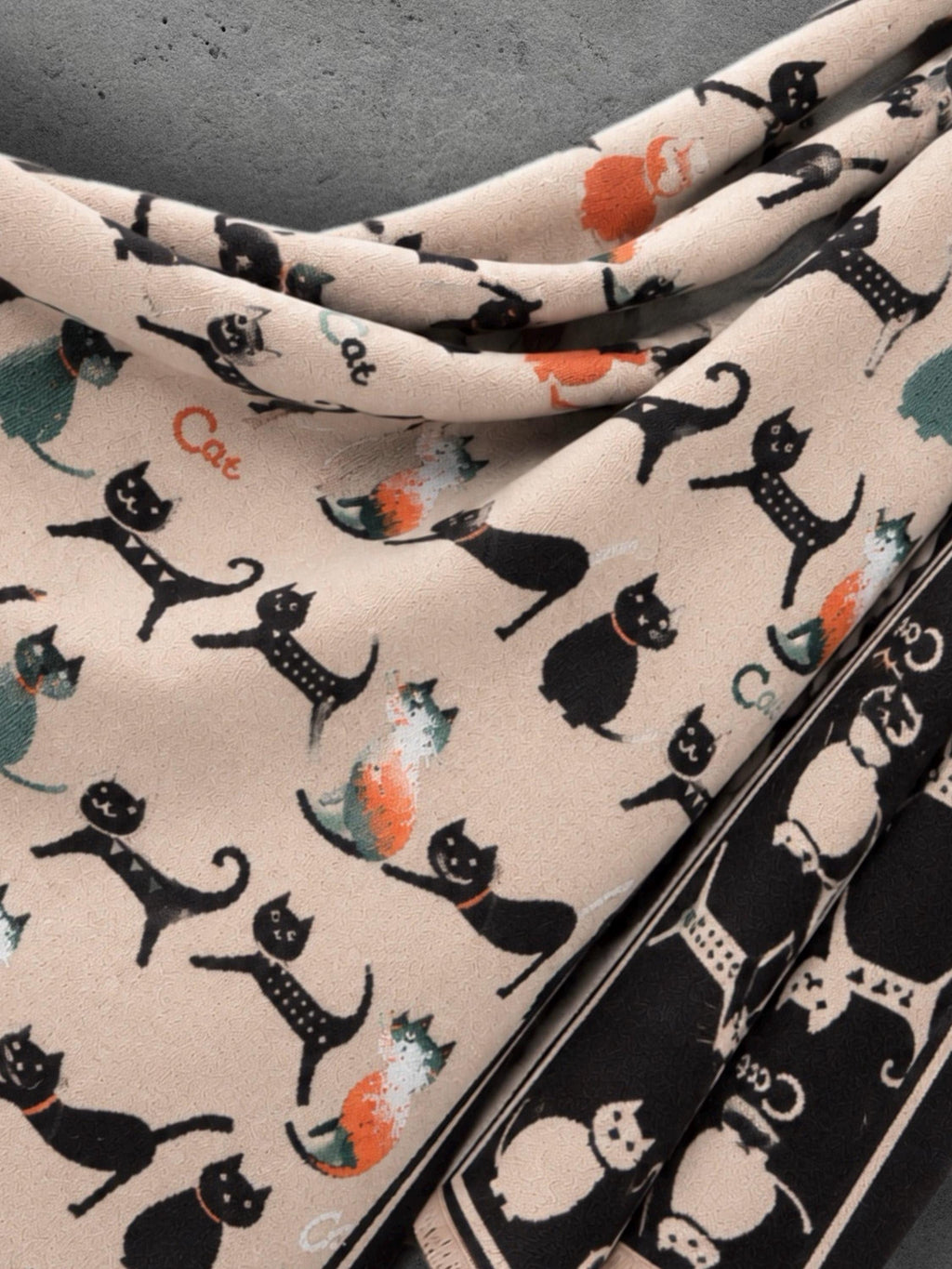 Black & Beige Cat Pattern Double-sided Winter Scarf, Contrasting Shoulder Wrap, Warm Women Shawl, Playful Gifts for Her