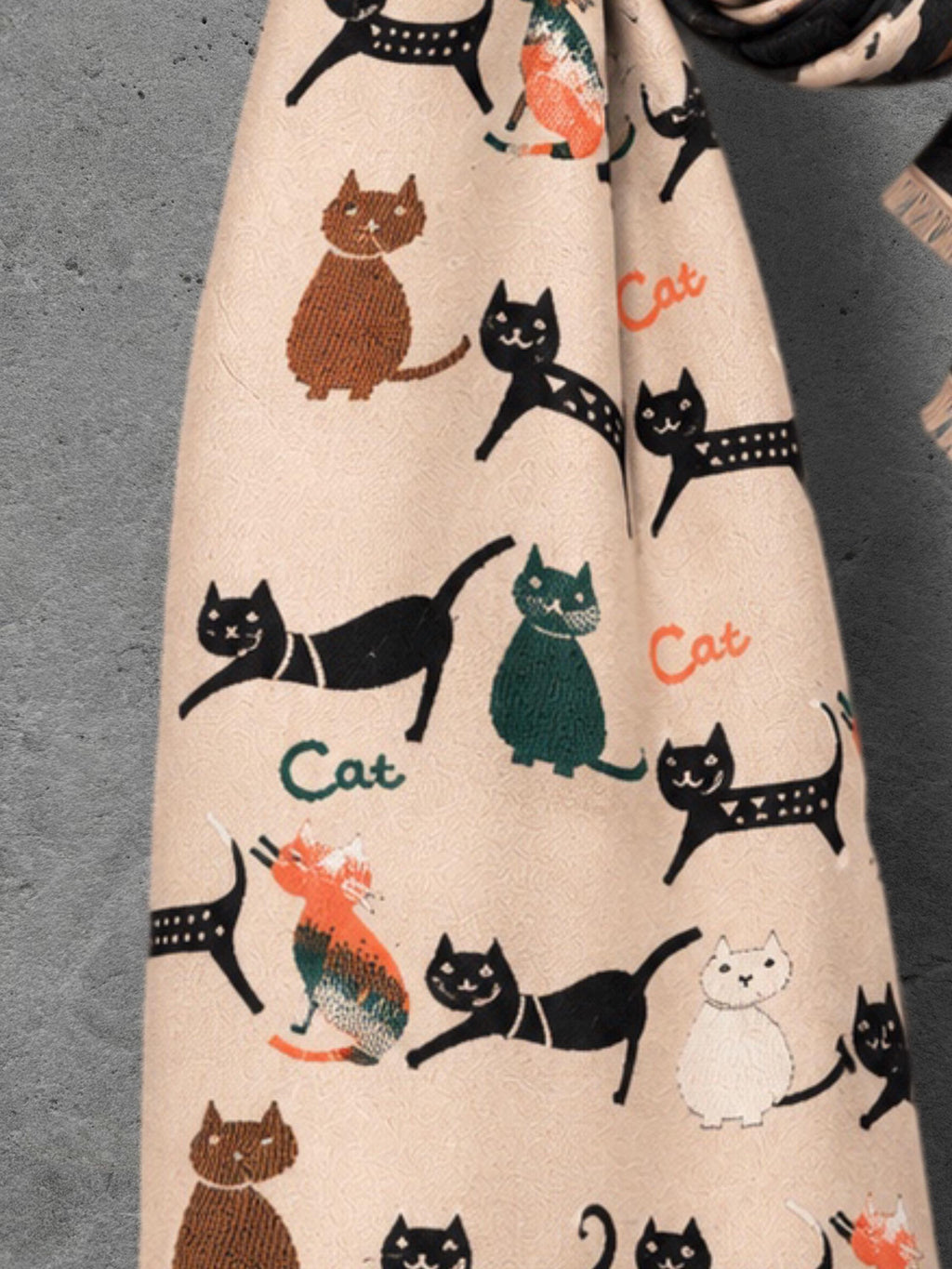 Black & Beige Cat Pattern Double-sided Winter Scarf, Contrasting Shoulder Wrap, Warm Women Shawl, Playful Gifts for Her