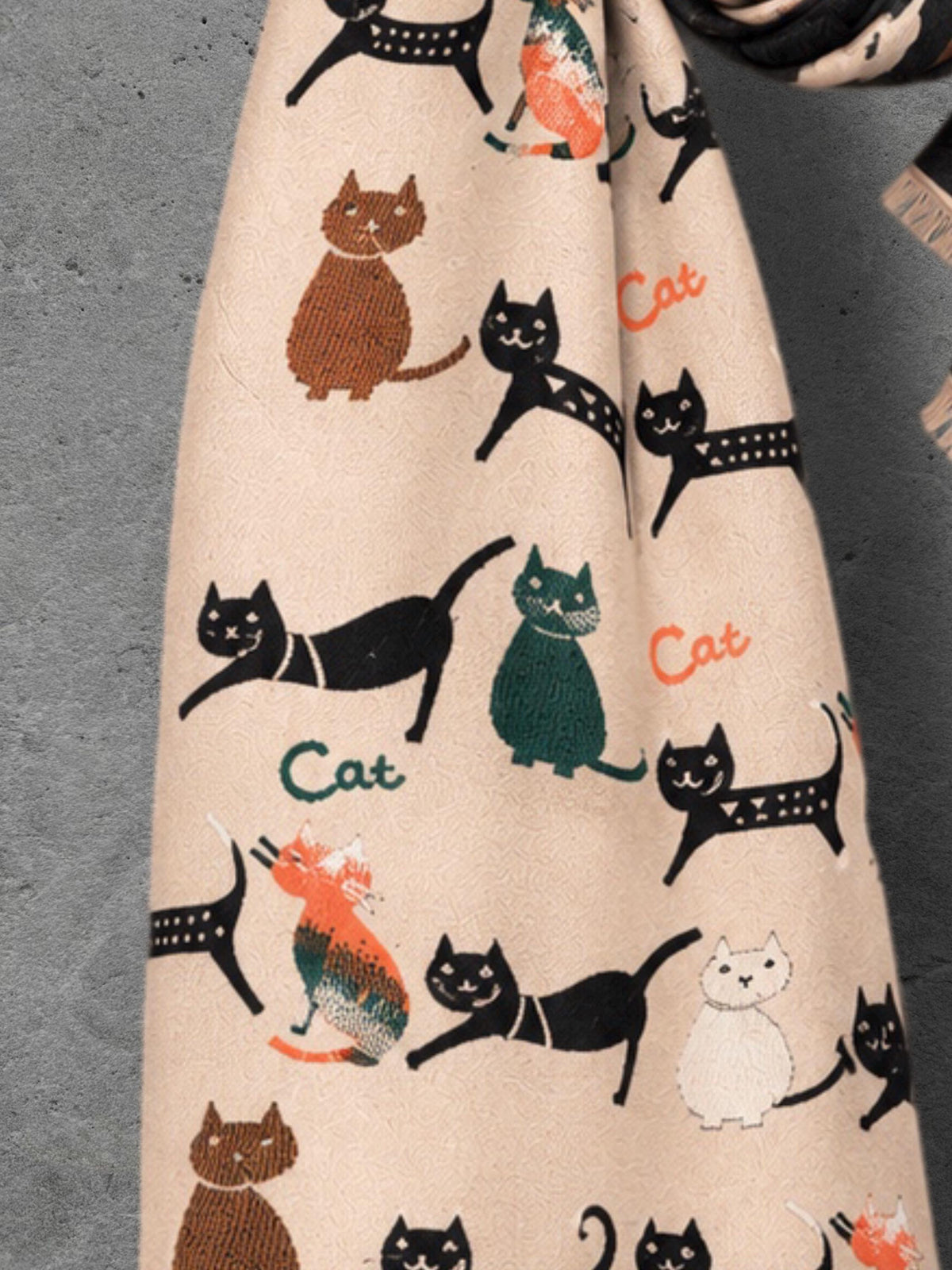 Black & Beige Cat Pattern Double-sided Winter Scarf, Contrasting Shoulder Wrap, Warm Women Shawl, Playful Gifts for Her