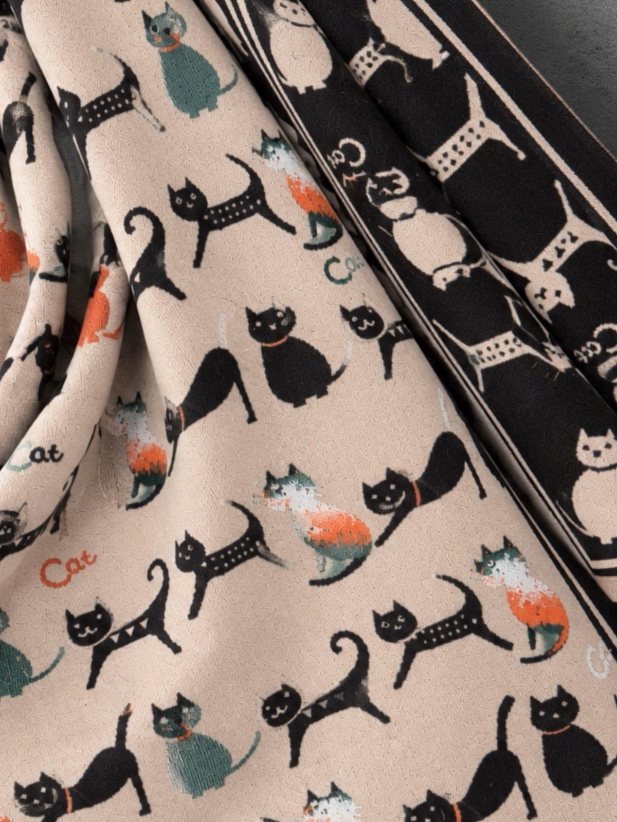 Black & Beige Cat Pattern Double-sided Winter Scarf, Contrasting Shoulder Wrap, Warm Women Shawl, Playful Gifts for Her