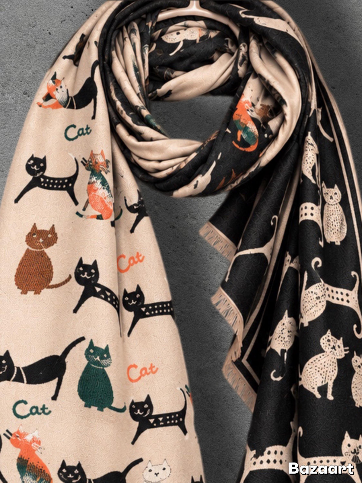 Black & Beige Cat Pattern Double-sided Winter Scarf, Contrasting Shoulder Wrap, Warm Women Shawl, Playful Gifts for Her