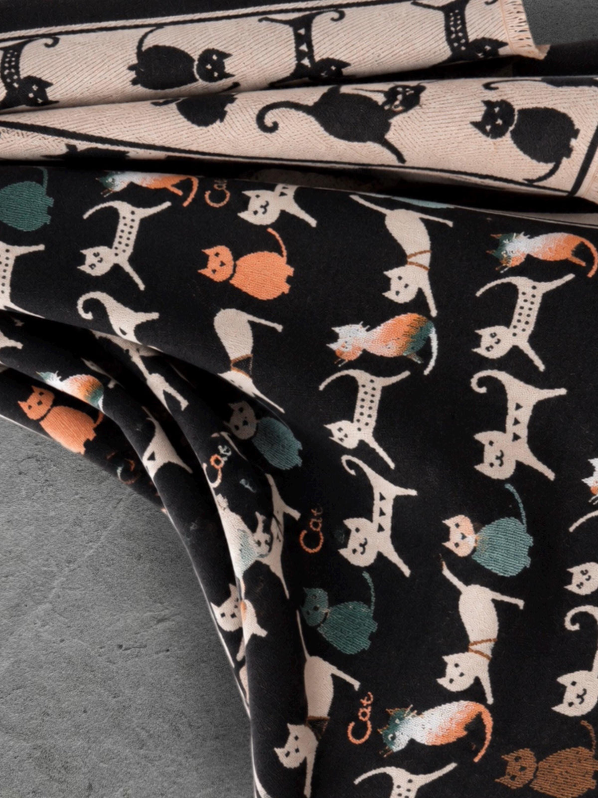 Black & Beige Cat Pattern Double-sided Winter Scarf, Contrasting Shoulder Wrap, Warm Women Shawl, Playful Gifts for Her