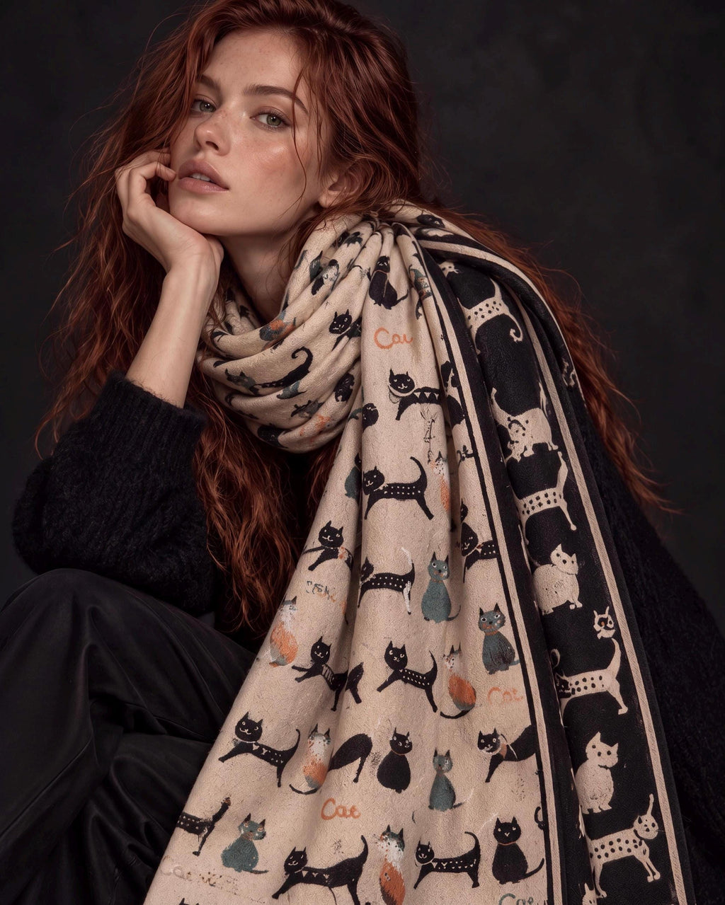 Black & Beige Cat Pattern Double-sided Winter Scarf, Contrasting Shoulder Wrap, Warm Women Shawl, Playful Gifts for Her