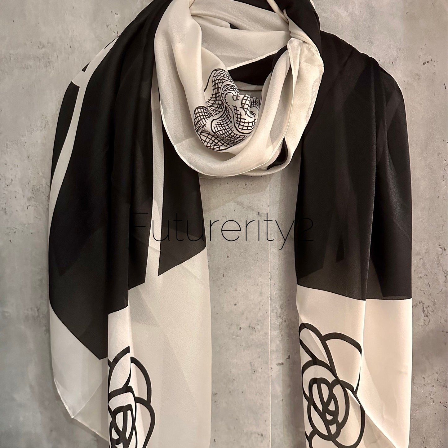 Camellia Flower Black And White Silk Scarf/Spring Summer Autumn Scarf/Scarf Women/Gifts For Mother/Gifts For Birthday Christmas/UK Seller