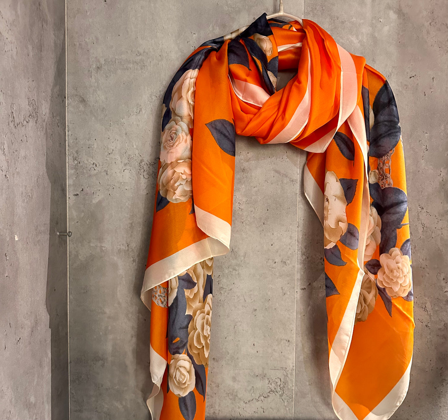 White Roses Pattern Orange Silk Scarf/Spring Summer Scarf/Gifts For Mom/Scarf Women/Gifts For Her Birthday Christmas/UK Seller