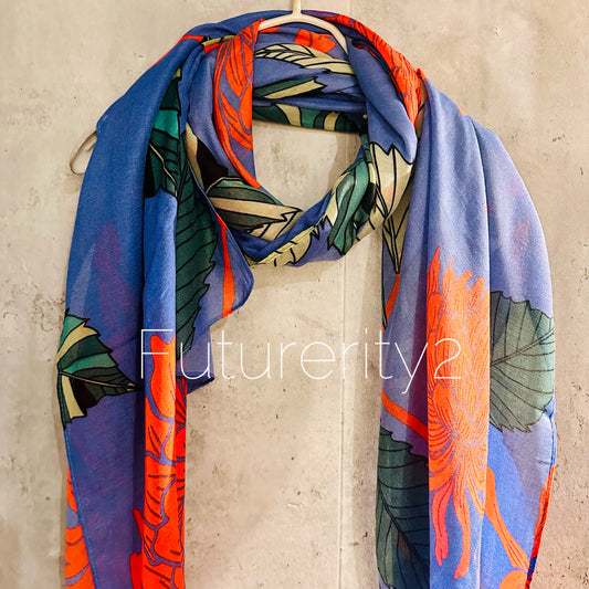 ECO Friendly Sketched Peony Flowers Leaves Organic Cotton Blue Scarf