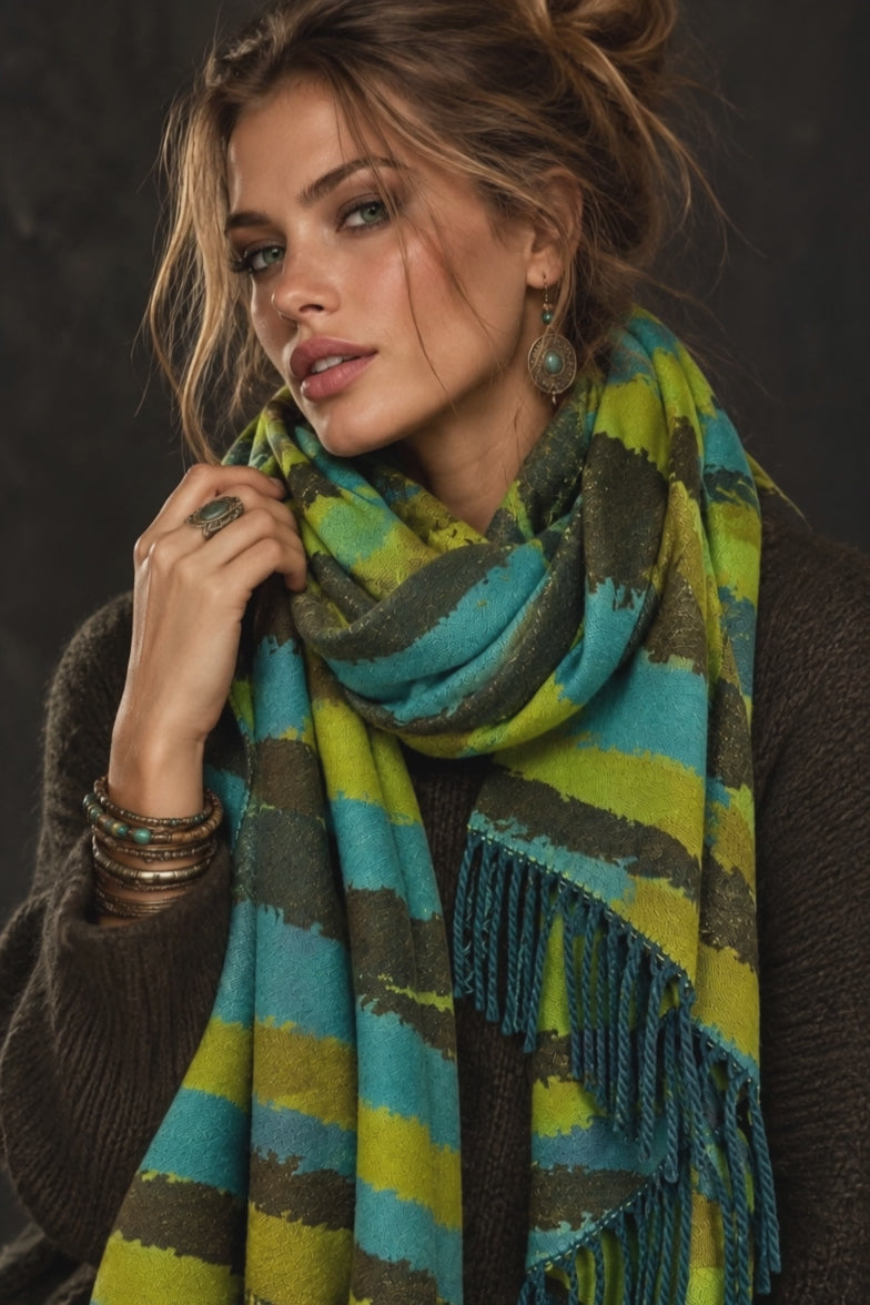 Abstract Brushed Lime Green Aqua Blue Winter Scarf