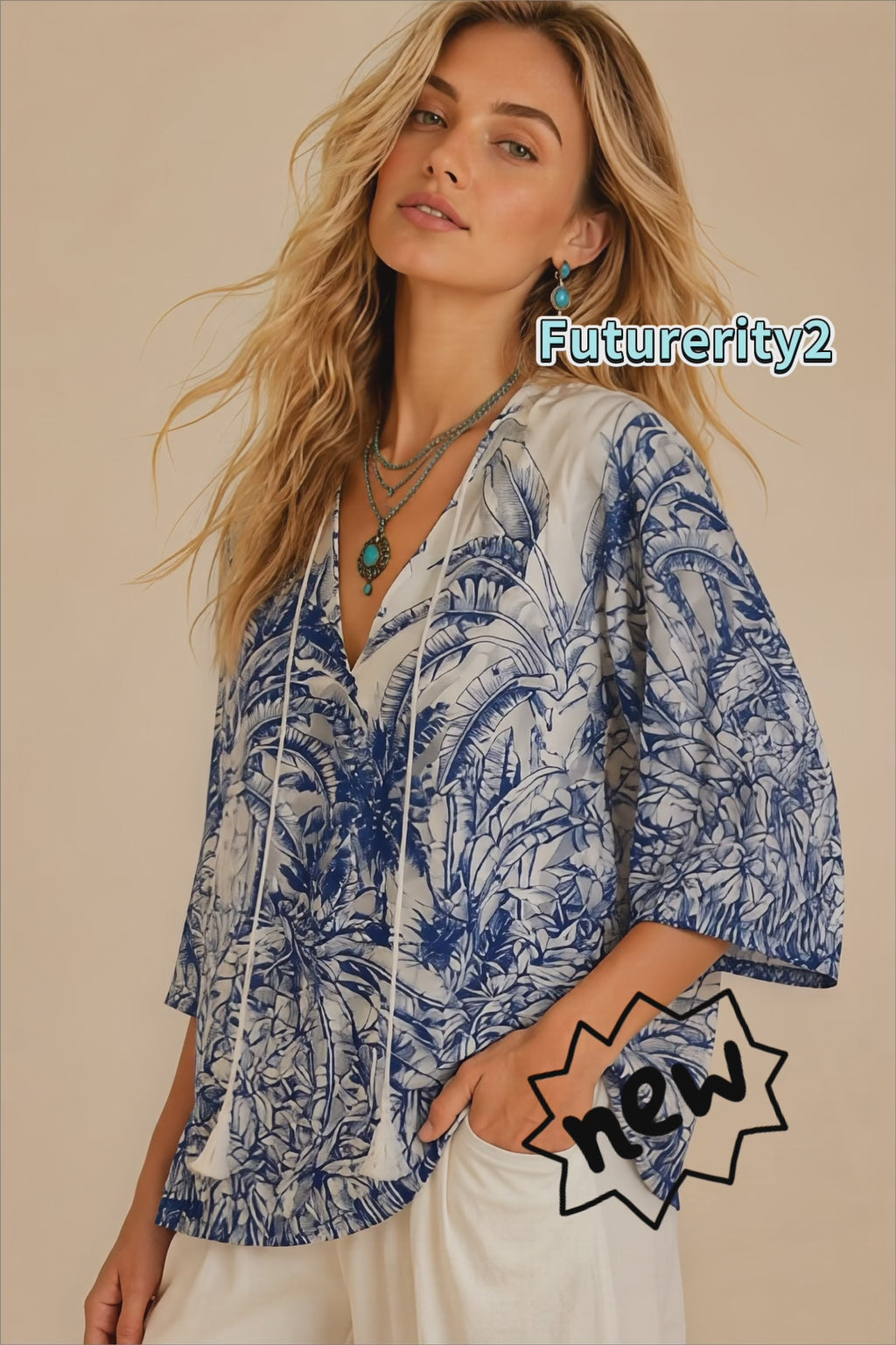 Bohemian Blue Tropical Boho Women Blouse,Botanical Print Tunic Top,Loose Fit Beach Summer Vacation Shirt