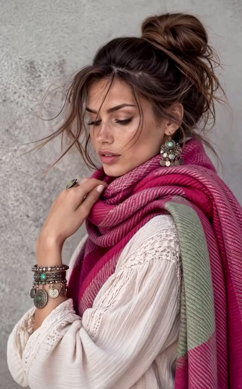 Hot Pink Winter Scarf for Women,Fuchsia Oversized Scarf,Ultra Soft Reversible Wrap, Colour Block Autumn Scarf,Ideal Gift for Her