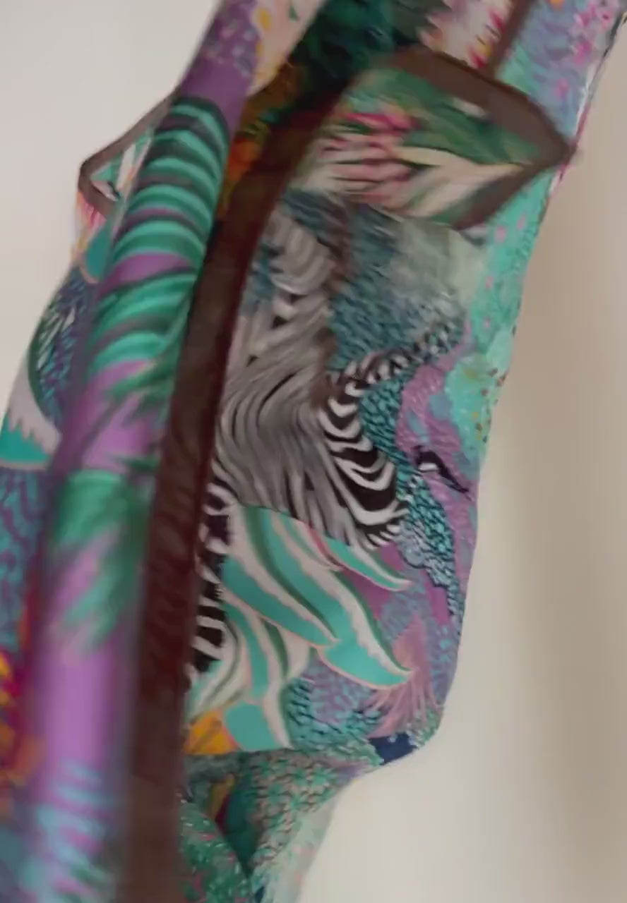 Turquoise Zebra Print Scarf, Colourful Tropical Floral Wrap with Brown Border