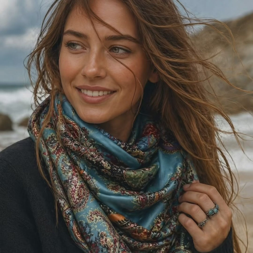 Boho Paisley Print Silk Scarf, Lightweight Shawl in Turquoise Blue for Women,Summer Wrap