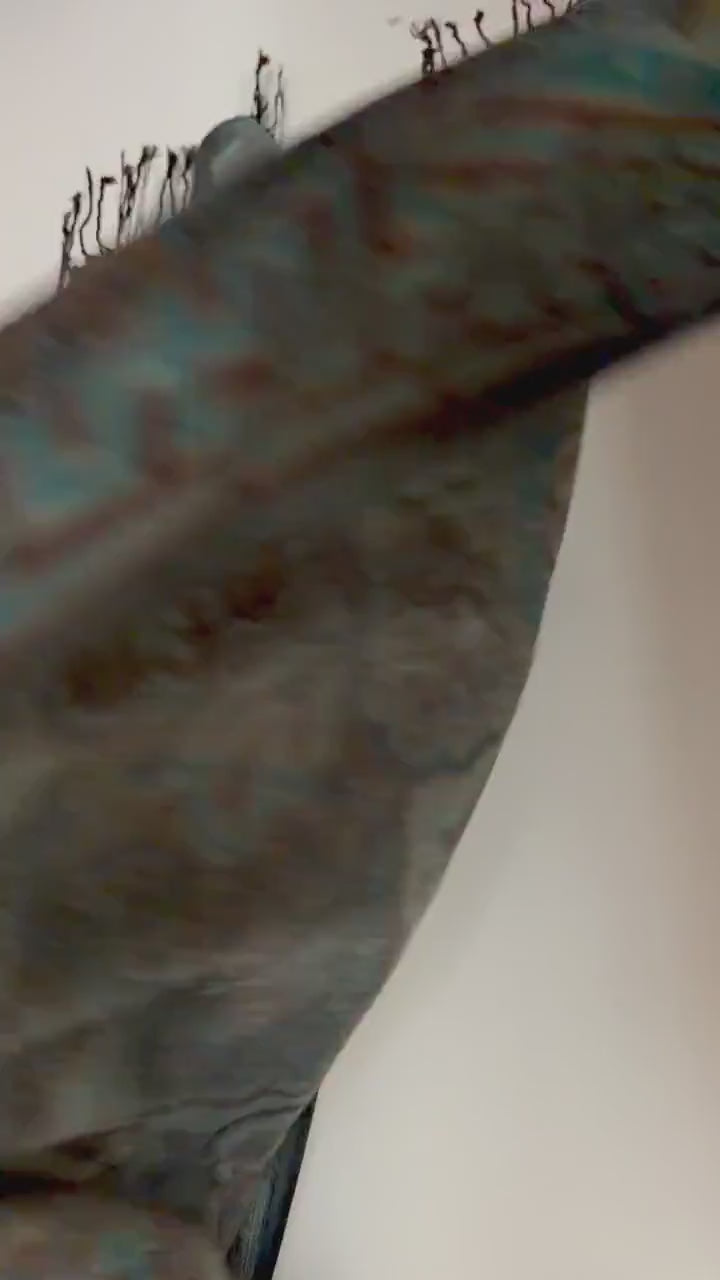 Aqua Brown Damask Autumn Winter Scarf, Cotton Viscose Blend Pashmina Style Wrap with Fringe, Thoughtful Gifts for Her
