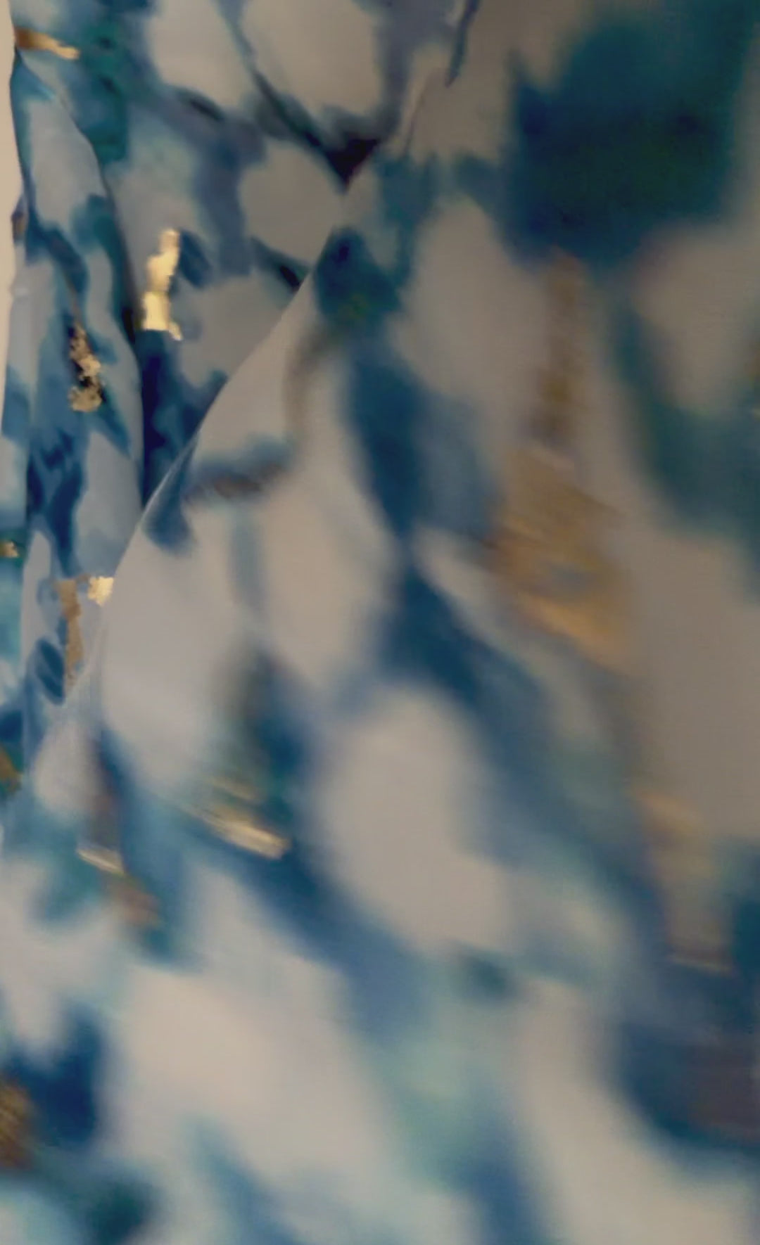 Blue Abstract Print Lightweight Cotton Scarf, Airy Summer Shawl with Gold Detail