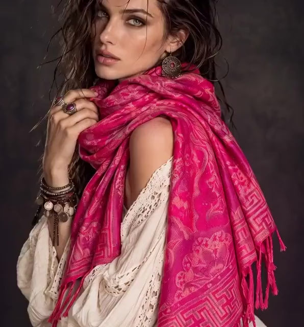 Fuchsia Pink Floral Autumn Winter Scarf, Cotton Viscose Blend Pashmina Style Fringed Women Shawl,Thoughtful Gifts for Her