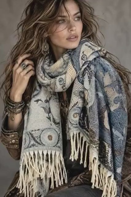 Beige Blue Taupe Floral Winter Scarf, Reversible Boho Shawl for Women, Ultra Soft Gold Weather Wrap, Warm Gift for Her