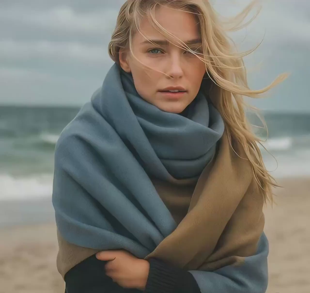 Light Blue & Beige Winter Scarf for Women,Ultra Soft Double-Sided Shawl,Warm,Lightweight and Elegant Gift for Her