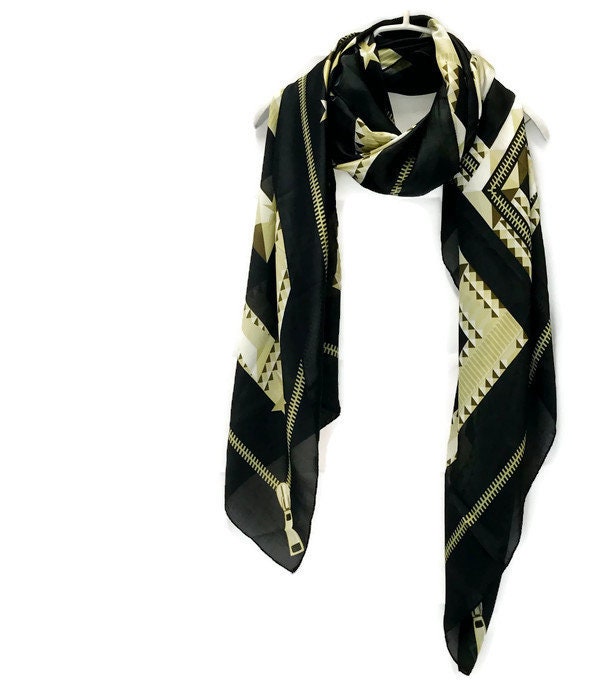 Zipper Design Square Pattern Black Beige Silk Scarf/Spring Summer Scarf/Autumn Scarf/Gifts For Her/Gifts For Mother/Women Scarves/Accessorie