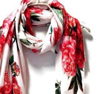 Red Peony Flower White Cashmere Blend Scarf/Summer Autumn Winter Scarf/Gifts For Mother/Gifts For Her/Scarf For Women/Birthday Gifts