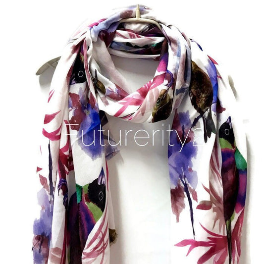 Watercolour Purple Robin Birds Off White Cashmere Blend Spring Summer Scarf/Autumn Winter Scarf/Gifts For Her/Gifts For Women/Birthday Gifts