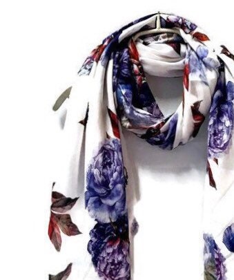Blue Peony Flower White Cashmere Blend Scarf/Summer Autumn Winter Scarf/Gifts For Mother/Gifts For Her/Scarf For Women/Birthday Gifts