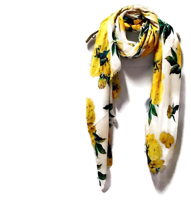 Yellow Peony Flower White Cashmere Blend Scarf/Summer Autumn Winter Scarf/Gifts For Mother/Gifts For Her/Scarf Women/Birthday Gifts