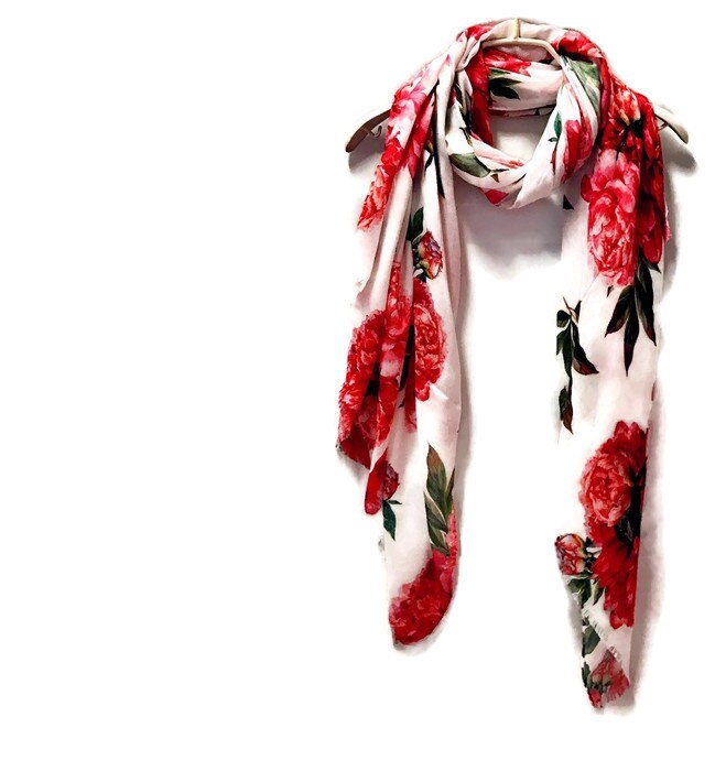 Red Peony Flower White Cashmere Blend Scarf/Summer Autumn Winter Scarf/Gifts For Mother/Gifts For Her/Scarf For Women/Birthday Gifts