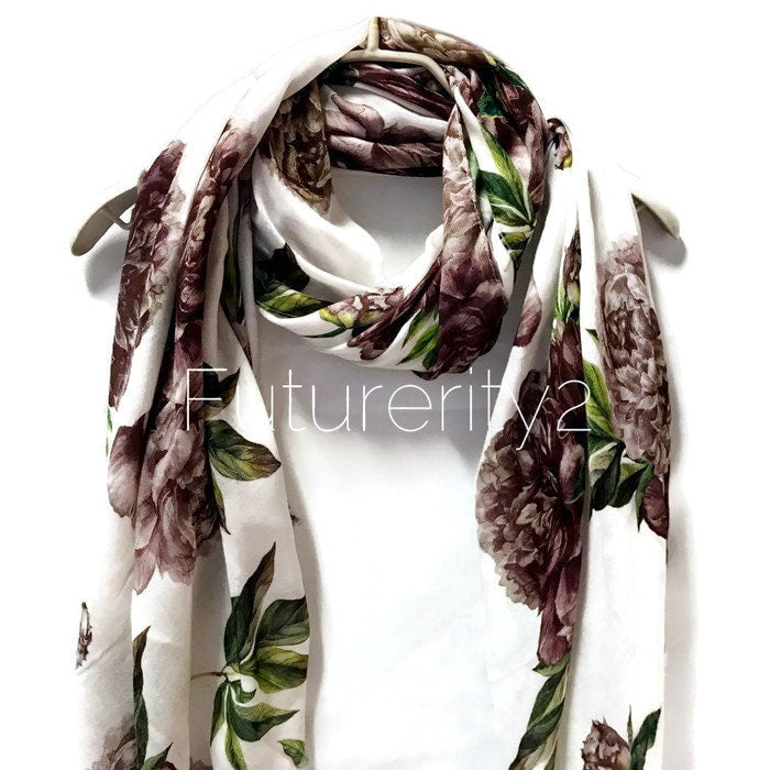 Brown Peony Flower White Cashmere Blend Scarf/Summer Autumn Winter Scarf/Gifts For Mother/Gifts For Her/Scarf Women/Birthday Gifts/Gift Idea